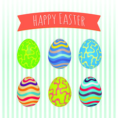 Easter eggs set. Colorful holiday patterns. Realistic Easter eggs. 3D. Vector background. Spring holiday ornament.Decorative collection on artistic background. Vintage vector design illustration.