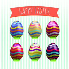 Easter eggs set. Colorful holiday patterns. Realistic Easter eggs. 3D. Vector background. Spring holiday ornament.Decorative collection on artistic background. Vintage vector design illustration.