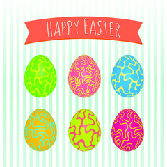 Easter eggs set. Colorful holiday patterns. Realistic Easter eggs. 3D. Vector background. Spring holiday ornament.Decorative collection on artistic background. Vintage vector design illustration.