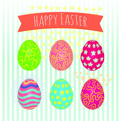 Easter eggs set. Colorful holiday patterns. Realistic Easter eggs. 3D. Vector background. Spring holiday ornament.Decorative collection on artistic background. Vintage vector design illustration.