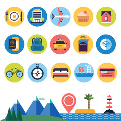 set of flat vector icons for planning and booking travel