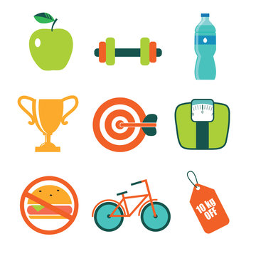 set of vector flat icons for diet and fitness
