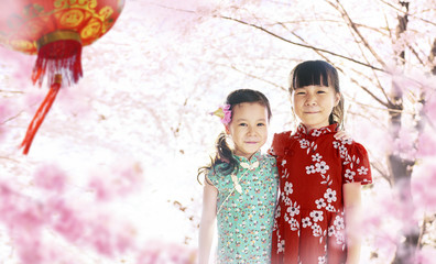 Two adorable girl wearing cheongsam during chinese new year season ..