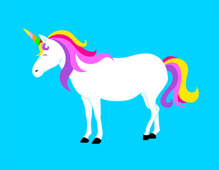 Cute magic Unicorn. Cartoon fantasy animal. Vector illustration isolated on blue background. Dream symbol. Design for children.