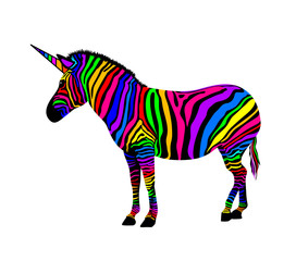 Colorful zebra. Unicorn zebra, vector illustration isolated on white background.