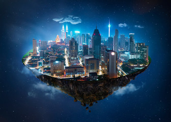 Fantasy island floating in the air with modern city skyline and lake garden, Night scene .
