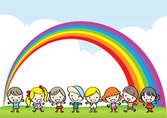 Obraz na płótnie Canvas kids with rainbow background