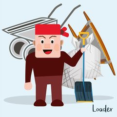 Loader illustration with shovel, barrow and garbage bags on the background