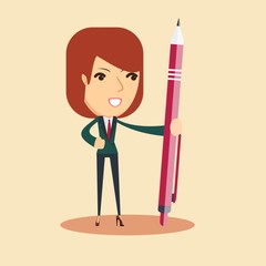 Portrait of a young smiling woman holding a pen. Stock flat vector illustration.