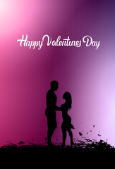 Fototapeta na wymiar Valentine Day Colorful Background With Couple Black Silhouette Holding Hands Vector Illustration