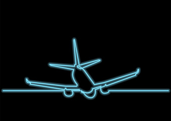 Fototapeta na wymiar one line drawing of isolated vector object - passenger airplane with neon vector effect