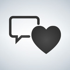 speech bubble with heart thin, line icon on white background isolated flat.