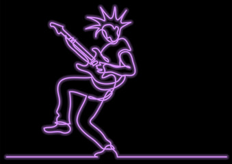 continuous line drawing of expressive rock guitarist posing with neon vector effect