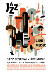 A poster for a jazz festival with musical instruments. Illustration with saxophone and piano keys and guitar. Colorful jazz festival musicians singers - obrazy, fototapety, plakaty