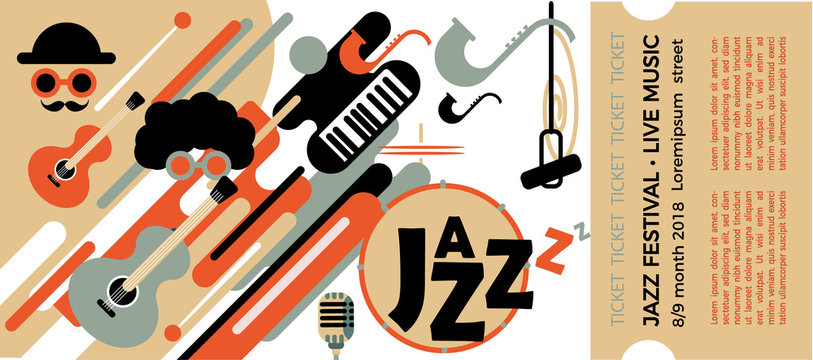 Template for the ticket of the jazz festival with musical instruments. Illustration with saxophone and piano keys and guitar. Colorful Musicians of the Jazz Festival - Powered by Adobe