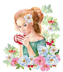 Girl drinking tea from rose hip .rose hip flowers .watercolor illustration