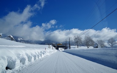 雪で真っ白な道
