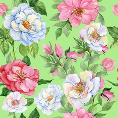 rosehips watercolor seamless pattern. white and pink flowers of wild roses.watercolor hand painting
