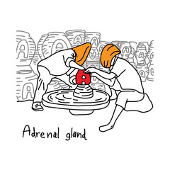 metaphor function of adrenal gland is to produce adrenaline hormone vector illustration sketch hand drawn with black lines, isolated on white background. Education Medical concept.