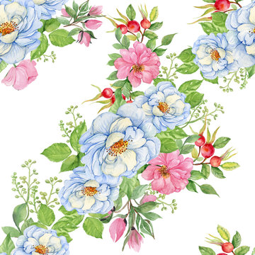 rosehips watercolor seamless pattern. white and pink flowers of wild roses.watercolor hand painting
