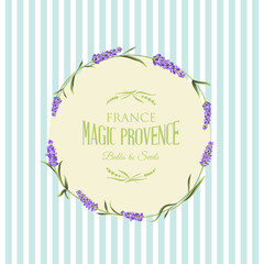 The lavender elegant card with frame of flowers and text. Lavender garland for your text presentation. Label of soap package. Label with lavender flowers. Vector illustration.