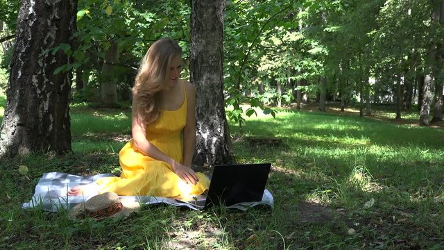 Madam simper in front of computer screen. Happy woman flirt online. 4K