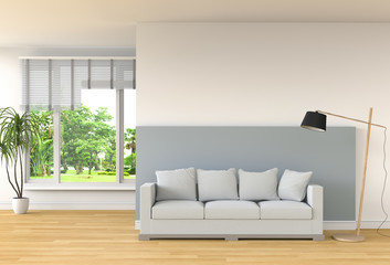 interior modern living room and green landscape in window. 3D rendering