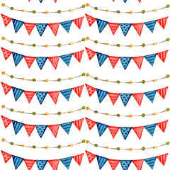 Obraz premium Watercolor vintage flags garlands set Party, baby room and wedding decor elements with various modern patterns. Seamless pattern