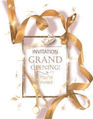 Grand opening banner with curly gold ribbon, scissors and golden frame. Vector illustration