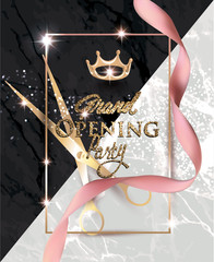 Grand opening banner with curly ribbon,  scissors and marble background. Vector illustration background. Vector illustration [Converted]