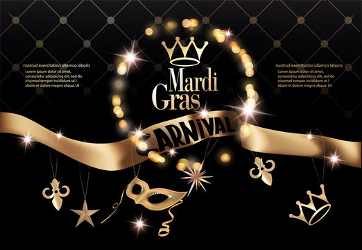 Mardi gras party invitation card with long gold ribbon with deco objects. Vector illustration