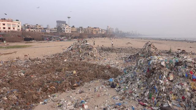 Disturbing quantity of plastic rubbish and other pollution at Versova Beach in Mumbai, India 
