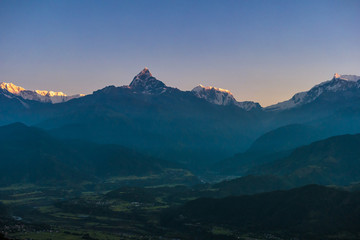 Twilight sky and mist over mountains, Pokhara city, Nepal