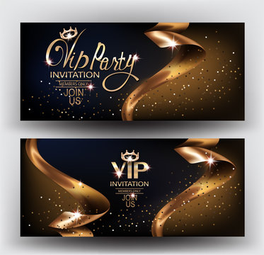 VIP elegant invitation cards with gold ribbons and gold dust. Vector illustration