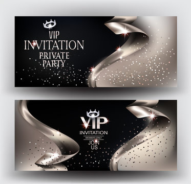 VIP elegant invitation cards with silver ribbons and dust. Vector illustration