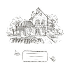 Old farmhouse and garden illustration. Frame for text. Hand drawn illustration. Vector design