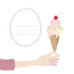 A womans hand holds an ice cream cone with cherry. Place for text with lace frame. Flat design vector illustration