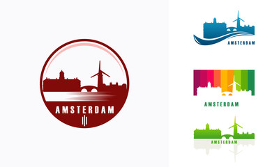 Set of Amsterdam City Skyline logo designs vector, Big City European Logo designs