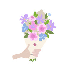 A Male hand gives spring bouquet of flowers. Valentines day, Wedding bouquet flowers, birthday bouquet flowers. Vector illustration in flat design - 190606927