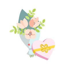 Spring bouquet of flowers and a gift in the form of a heart. Valentines day, Birthday bouquet flowers. Vector illustration in flat design