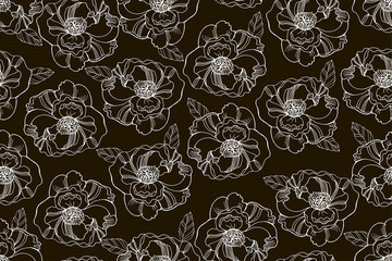 Black and white seamless pattern with beautiful ranunculus and meadow flowers. Cute elegant floral background for home textiles, interiors, linens, cotton fabric, scrap book.