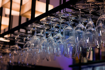 Empty glasses wine in restaurant. Glass water.dish spoon fork on table at restaurant