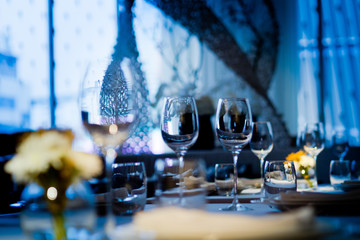 Empty glasses wine in restaurant. Glass water.dish spoon fork on table at restaurant