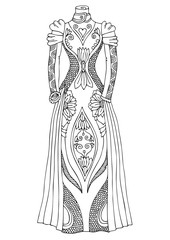 Women's lace dress. Hand drawn illustration for coloring page, poster or invitation card design. Sketch for anti-stress colouring book in zen-tangle style. Vector picture.