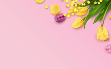 Bunch of yellow tulips, mimosa branch and macarons on pink background. Beautiful spring background with place for text. Vetor illustration