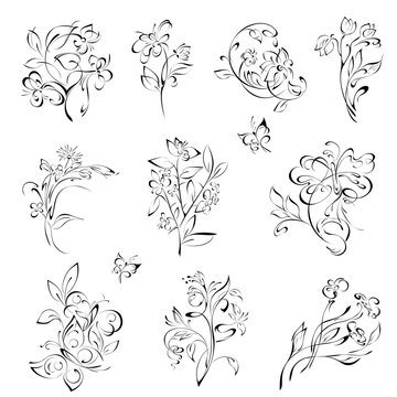 flowers 19. SET. stylized flowers and butterflies in black lines on a white background. SET