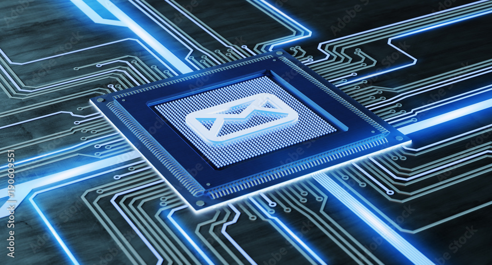Poster cpu processor chip with a message and network connection on a circuit board - 3d render
