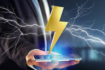 Thunder lighting bolt symbol displayed on a futuristic interface - 3d rendering