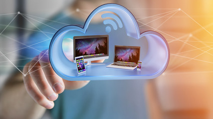 Devices like smartphone, tablet or computer displayed in a cloud- 3d render