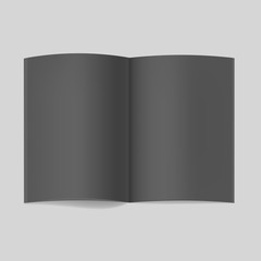 Vector realistic opened fashion black book, journal or magazine mockup with sheet of A4. Blank open pages of sketchbook or notebook template for men elegant catalog, brochure design